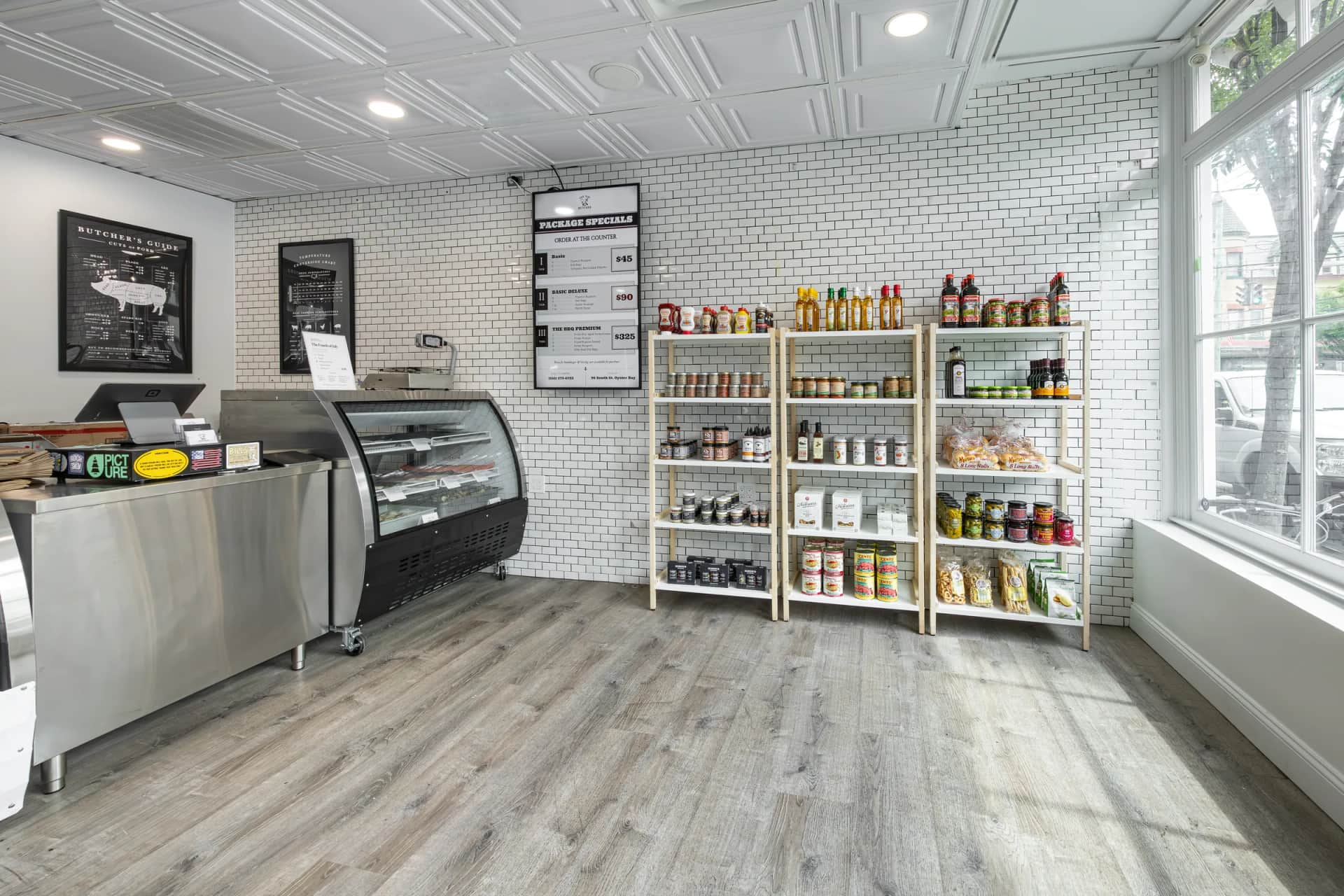 Shop wide with counter case and pantry shelves